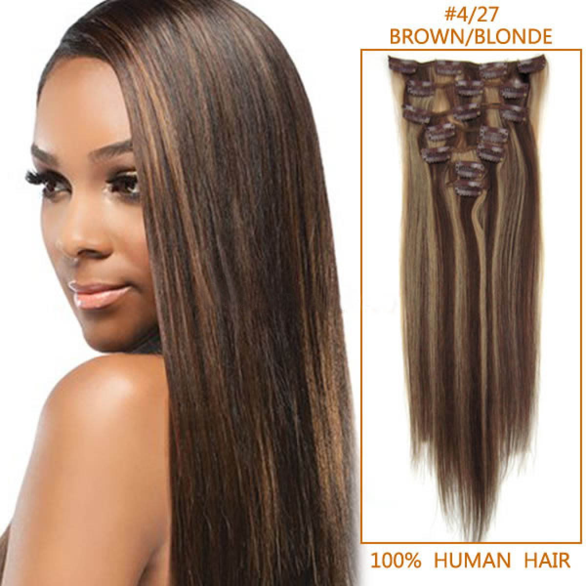 15 Inch #4/27 Brown/Blonde Clip In Human <b>Hair Extensions</b> 7pcs - 15-inch--4-27-brown-blonde-clip-in-human-hair-extensions-7pcs-10849-tv