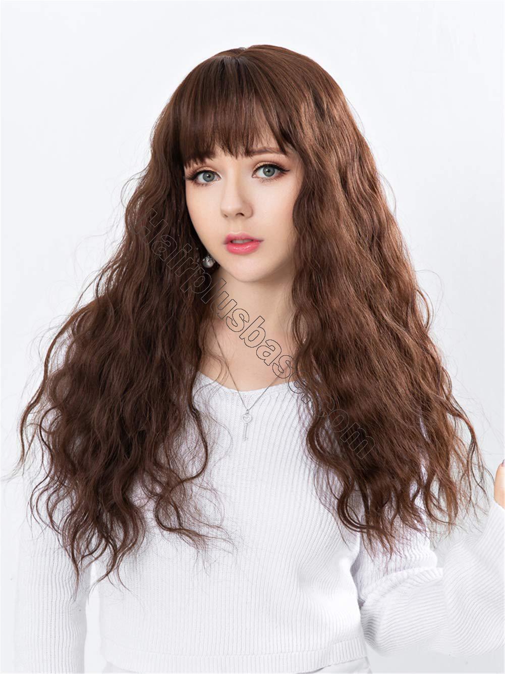 23.6" Long Natural Curly Crown Topper Hairpieces with Bangs, Clip on