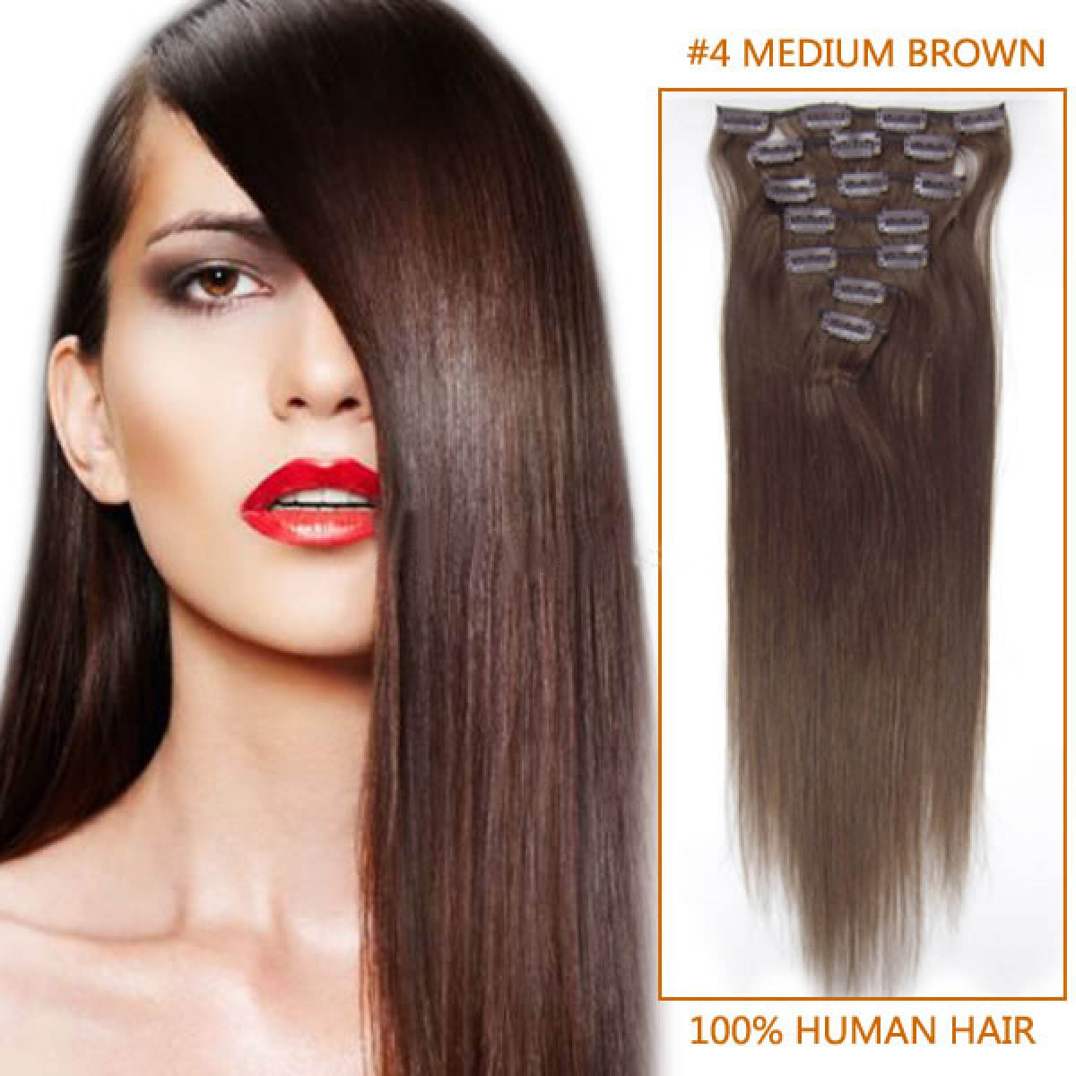 26 Inch 4 Medium Brown Clip In Remy Human Hair Extensions 12pcs 