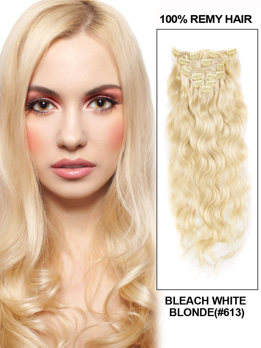 26 Inch Noble 613 Bleach Blonde Clip In Hair Extensions Body Wave