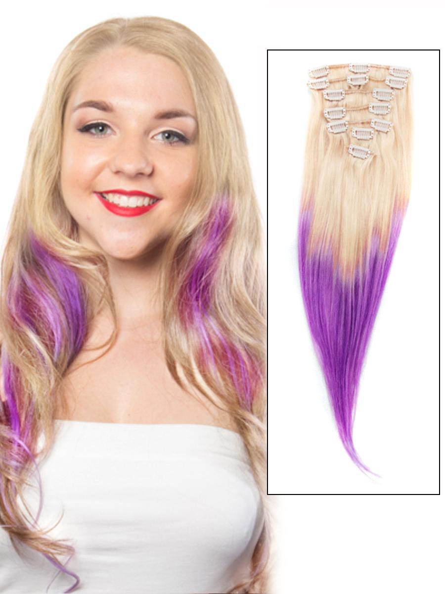 32 Inch Bleach Blonde And Purple Ombre Clip In Hair Extensions Two Tone