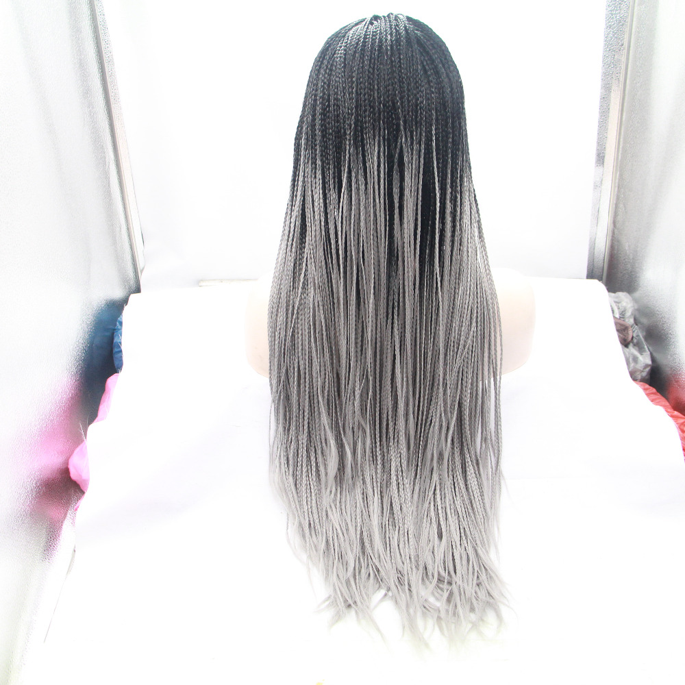 Handmade Long Grey Ombre Braided Lace Front Wig For Black Women 7574