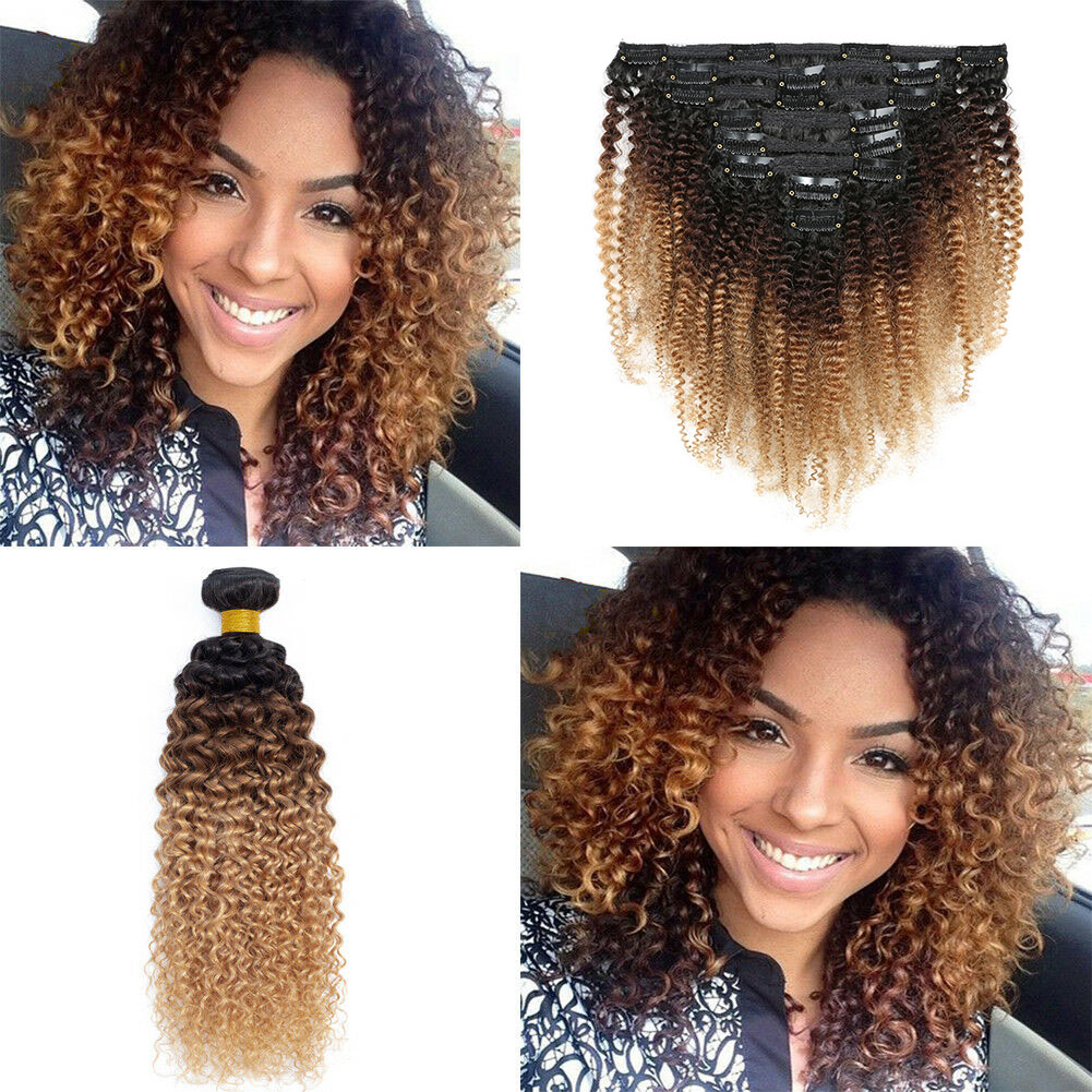 Ombre Afro Kinky Curly Clip In Human Hair Extensions #1B ...