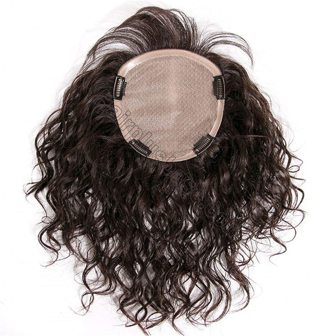 Curly Human Hair Topper Hairpiece with Bangs for Women, Silk Base Crown ...